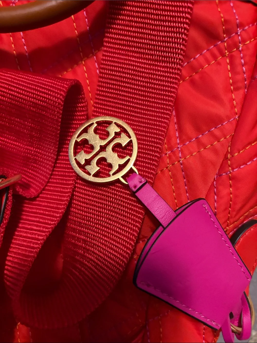 Tory Burch Quilted Red Nylon Backpack with Pink Accents